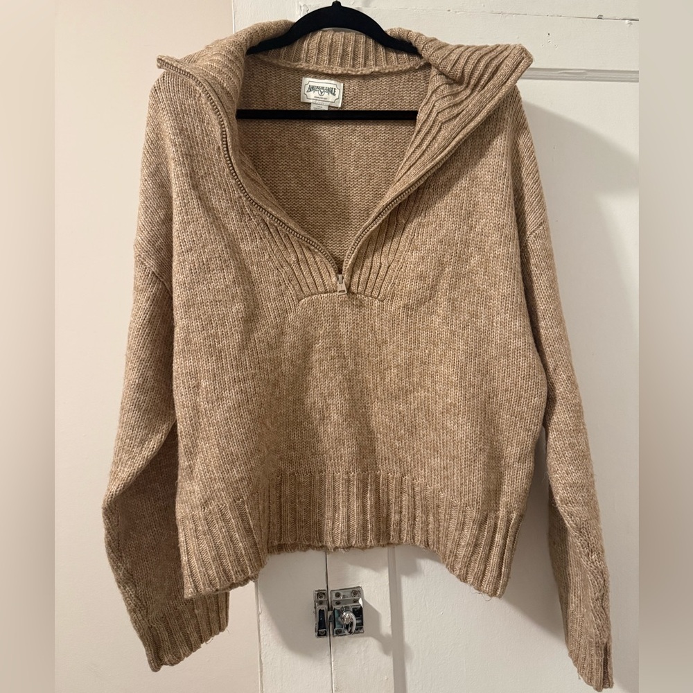 Cozy American Eagle Tan Quarter-Zip Sweater